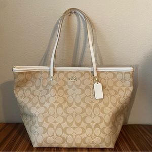 Coach Signature Taxi Gallery Tote Canvas Gold Light Khaki Chalk Logo Purse Bag